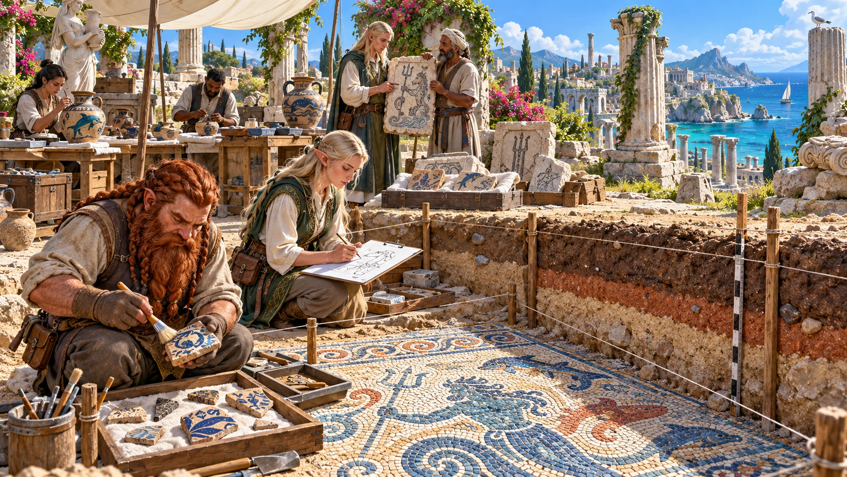 Fantasy editorial illustration of a fictional archaeological excavation
