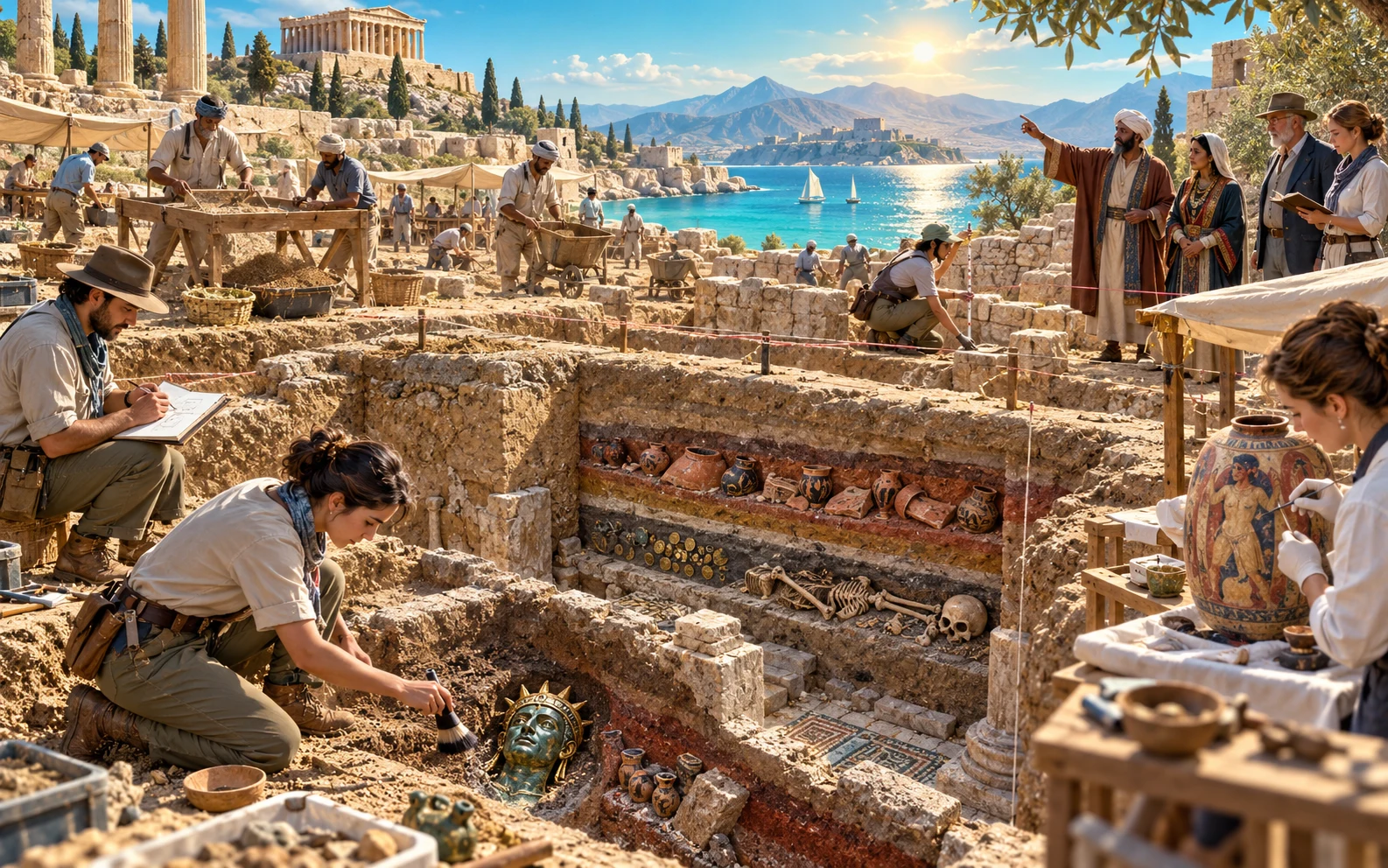 Fantasy editorial illustration of excavation stratigraphy and recorded finds